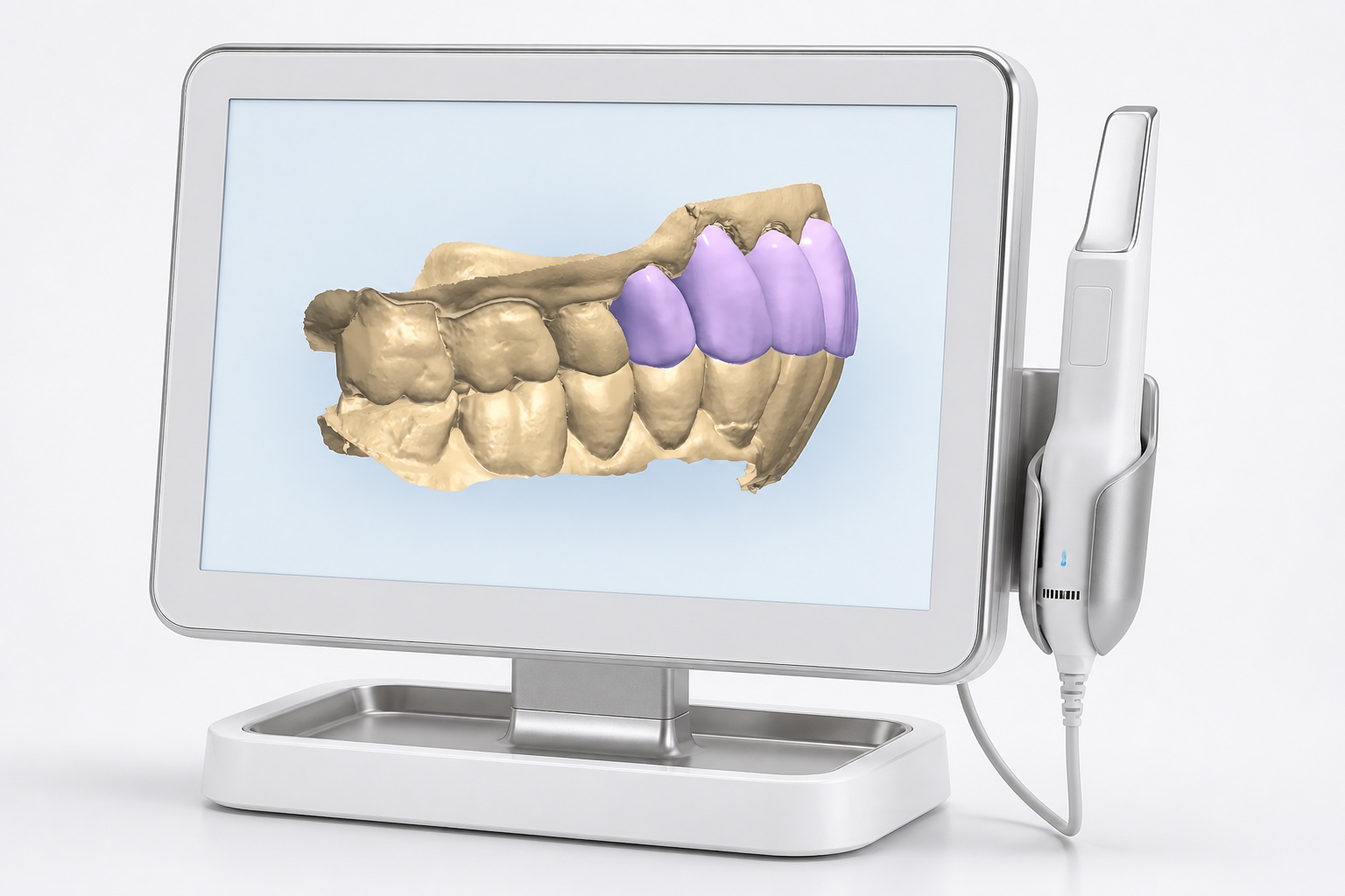 Intraoral scanner monitor showing a 3D dental scan