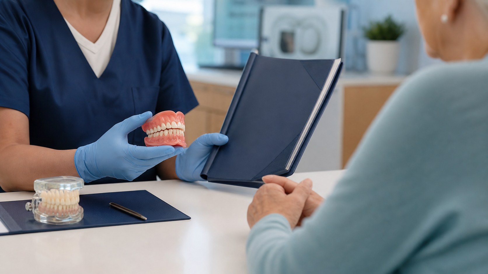Denturist discussing treatment options with a patient in a bright consultation room