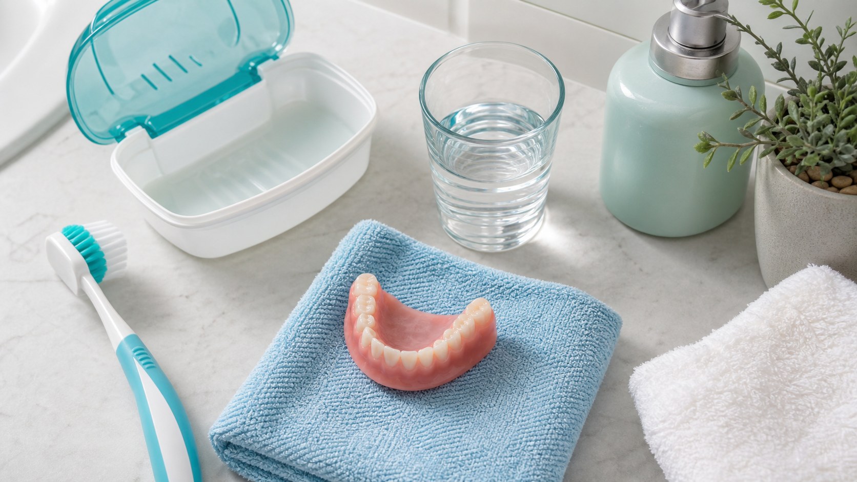 Complete denture care kit with brush, soaking case, towel, and water glass