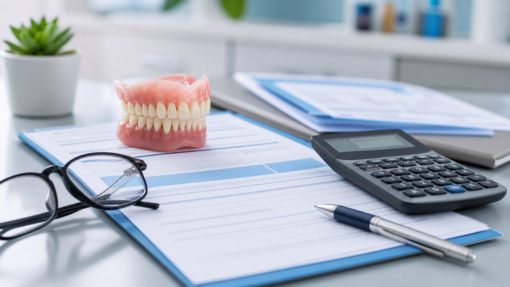 Denture coverage paperwork, calculator, and denture model on a consultation desk