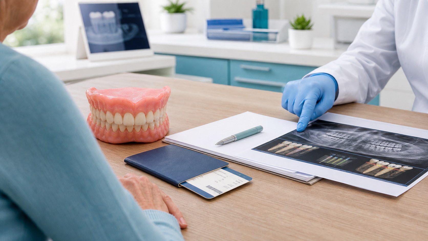 Dental model, travel documents, and implant planning paperwork for dental tourism risk review