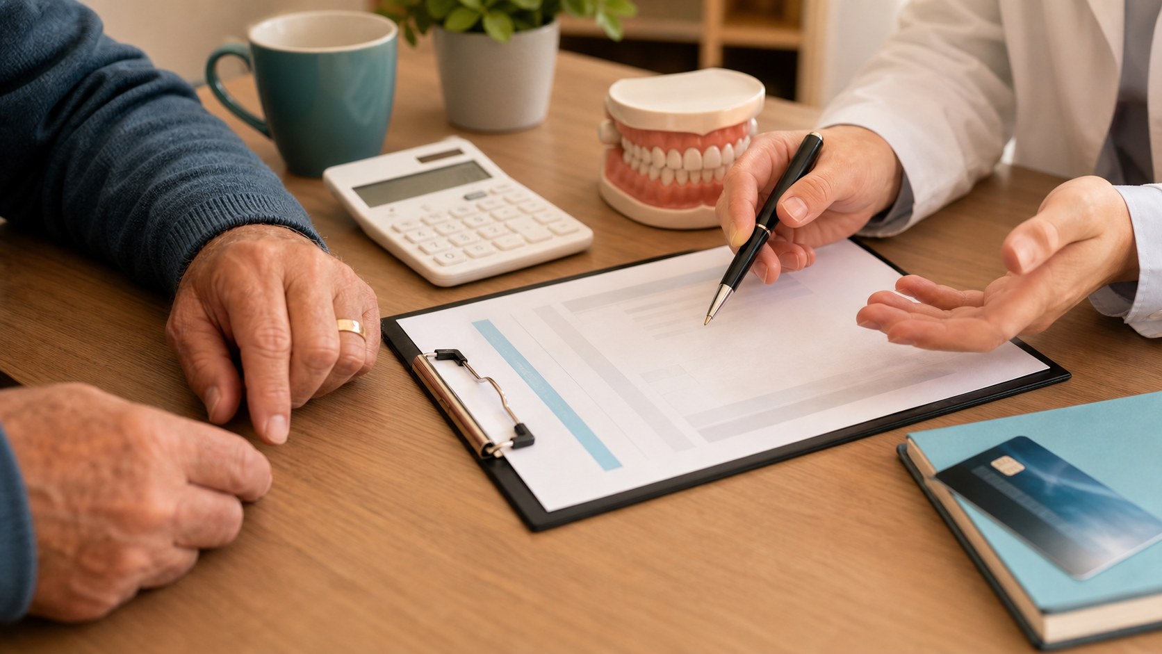 Patient and clinic coordinator reviewing denture financing paperwork together