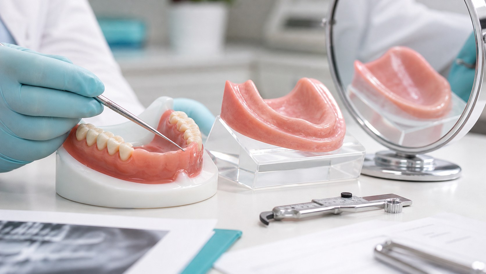 Dental professional explaining gum shrinkage using gum and denture models