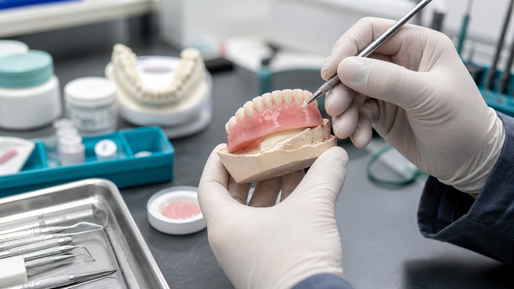 Technician adjusting denture fit on a model during a reline