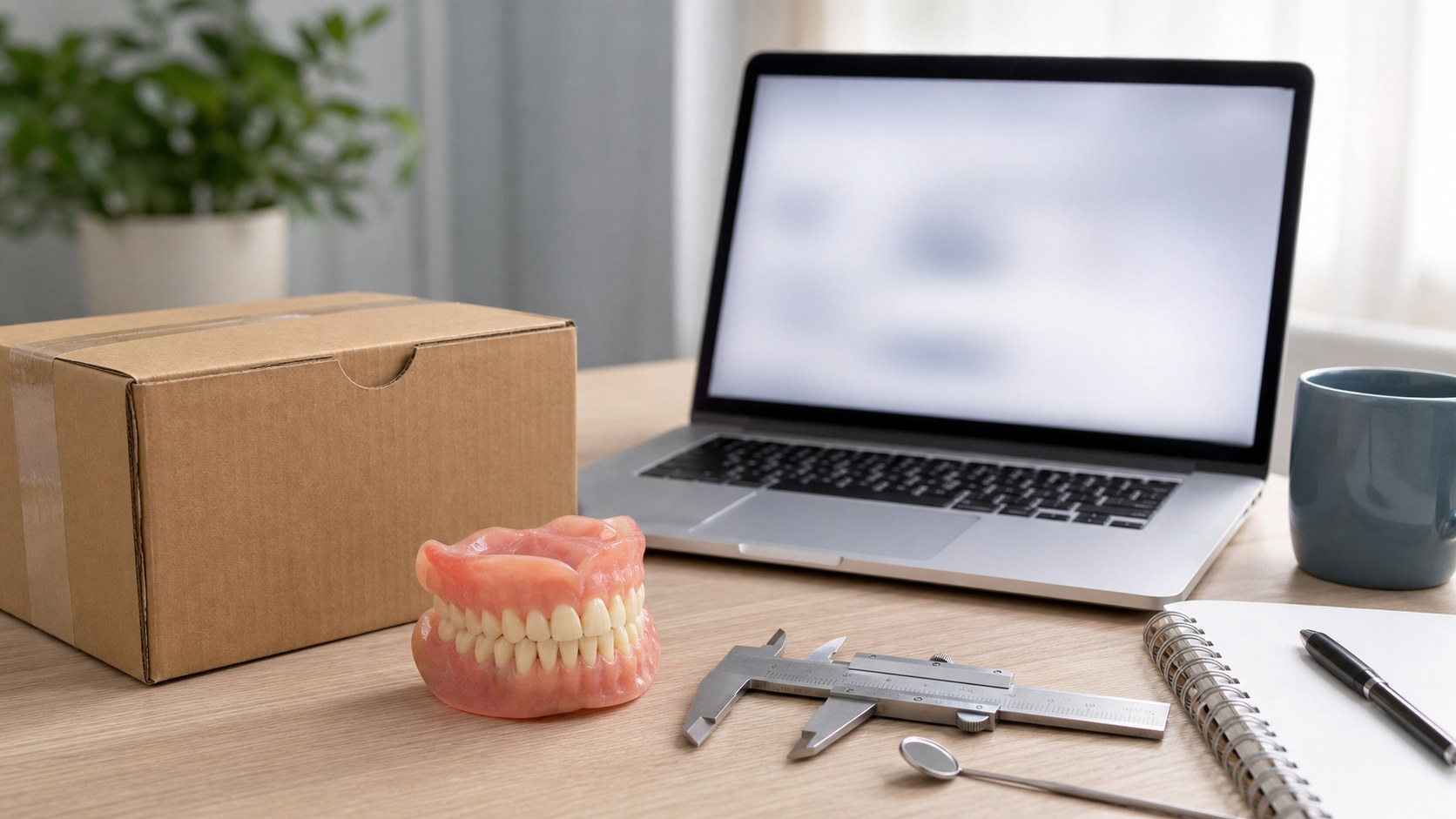 Denture model beside a shipping box and laptop representing online denture risks