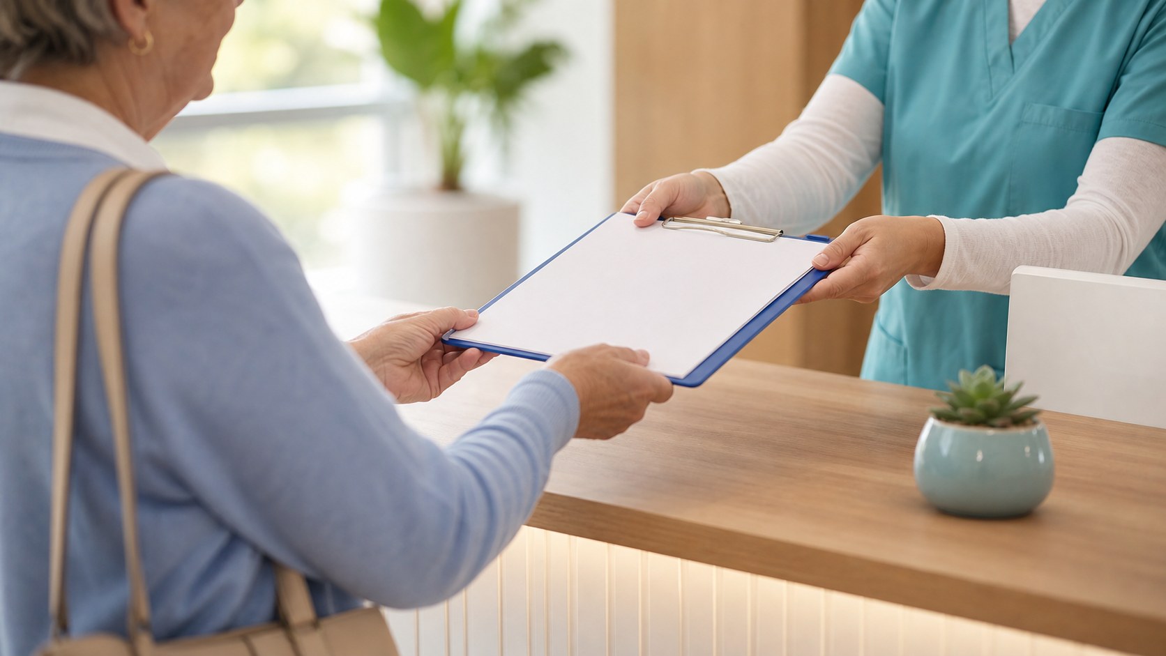 Patient being welcomed at a denture clinic consultation desk without referral paperwork