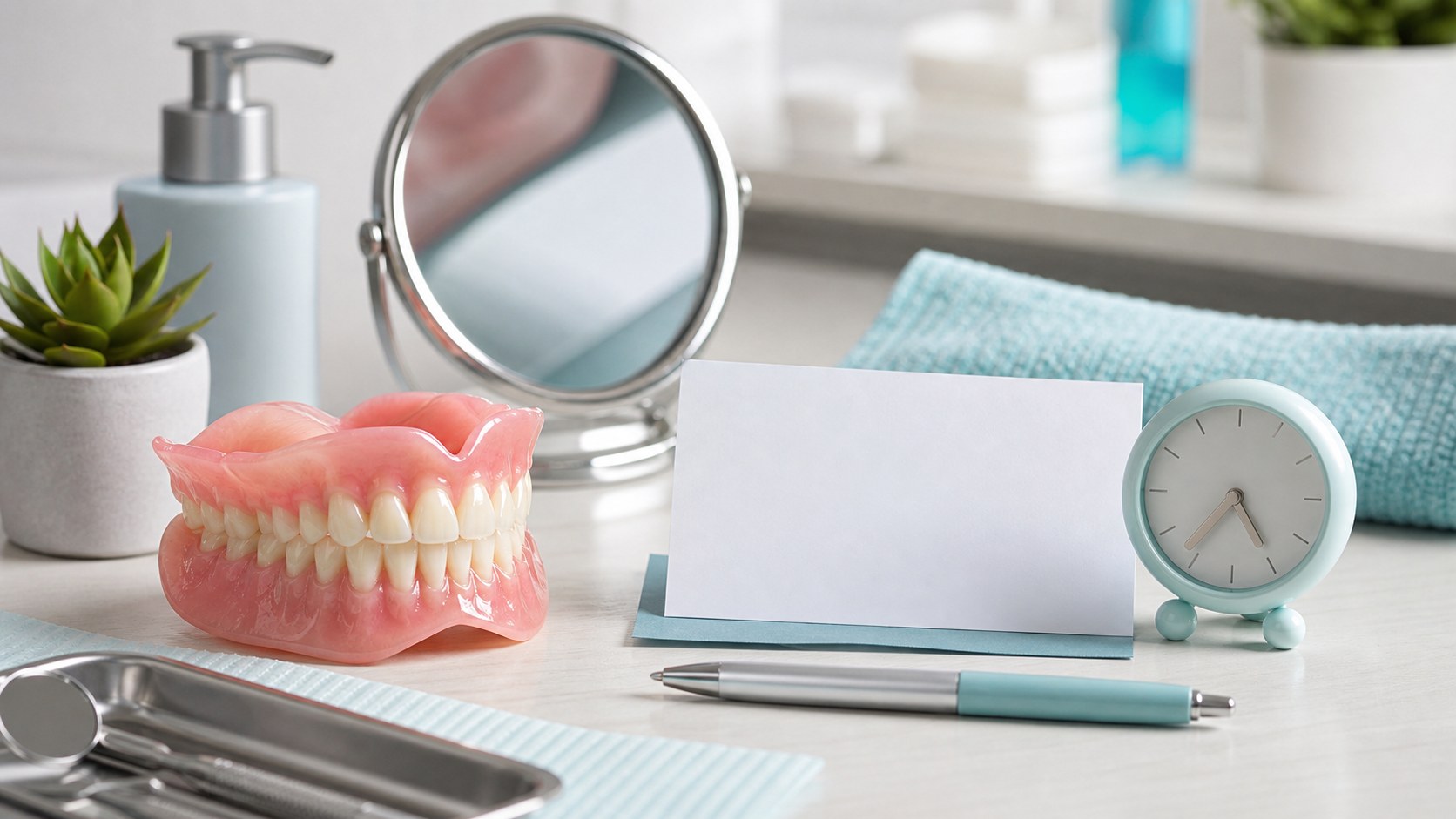 Denture replacement planning tools beside a denture model