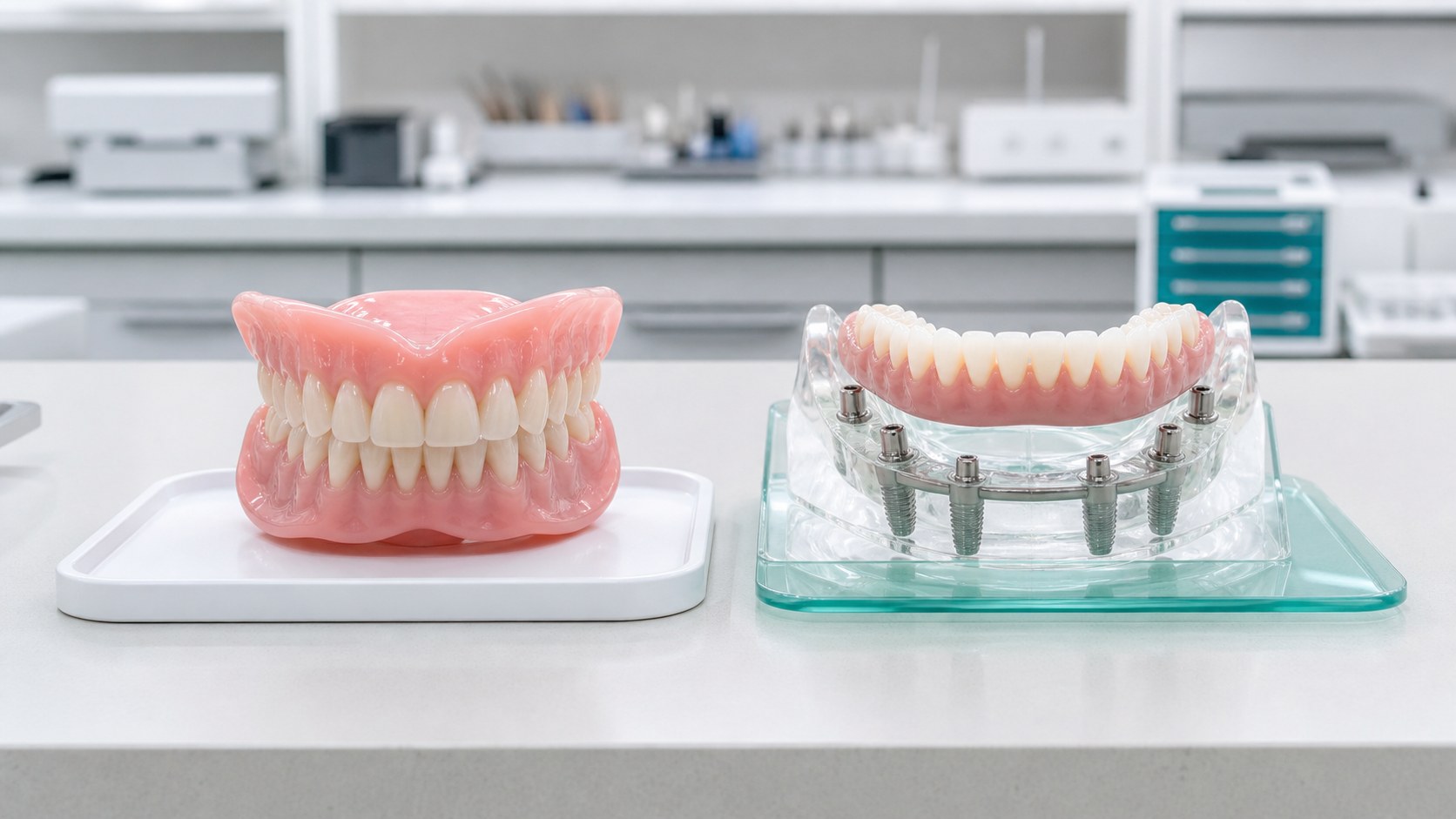 Standard denture and complex implant denture models compared on a lab counter